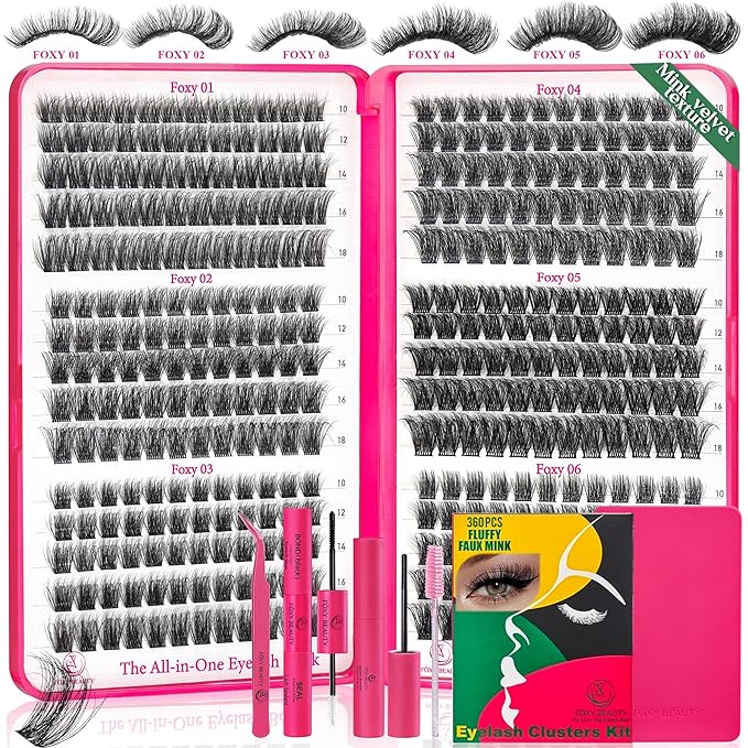 Foxy Beauty Lash Clusters Kit - 432Pcs Fluffy Eyelash Extension Kit 12-20mm D Curl Clusters Soft Comfortable With Bond Seal Remover Applicator