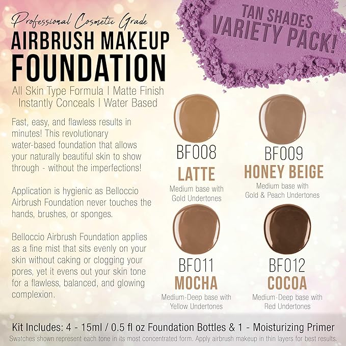 Belloccio Complete Cordless Handheld Airbrush Cosmetic Makeup System with 4 Tan Foundation Shades, Professional 18-Piece Kit, Moisturizing Primer, Blush, Bronzer, Highlighter, Concealer, User Guide