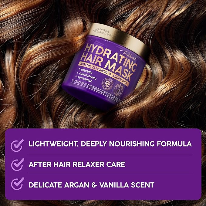 Hydrating Hair Mask – Post Hair Relaxer for Damaged & Dry – Deep Conditioning Keratin Treatment for Curly & Color-Treated – Soft, Smooth, Anti-Frizz & Split Ends Repair with Collagen, Biotin – 10 oz