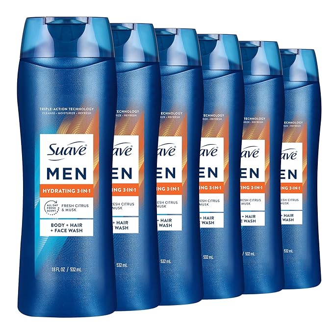 Suave Men Hydrating 3-in-1 Body + Hair + Face Wash with Glycerin & Vitamin E, Cleanse, Moisturize, Refresh, No Parabens or Pthalatates, Long-Lasting Fragrance, 18 FL OZ, 6 Count