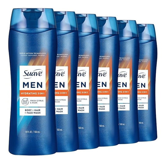 Suave Men Hydrating 3-in-1 Body + Hair + Face Wash with Glycerin & Vitamin E, Cleanse, Moisturize, Refresh, No Parabens or Pthalatates, Long-Lasting Fragrance, 18 FL OZ, 6 Count
