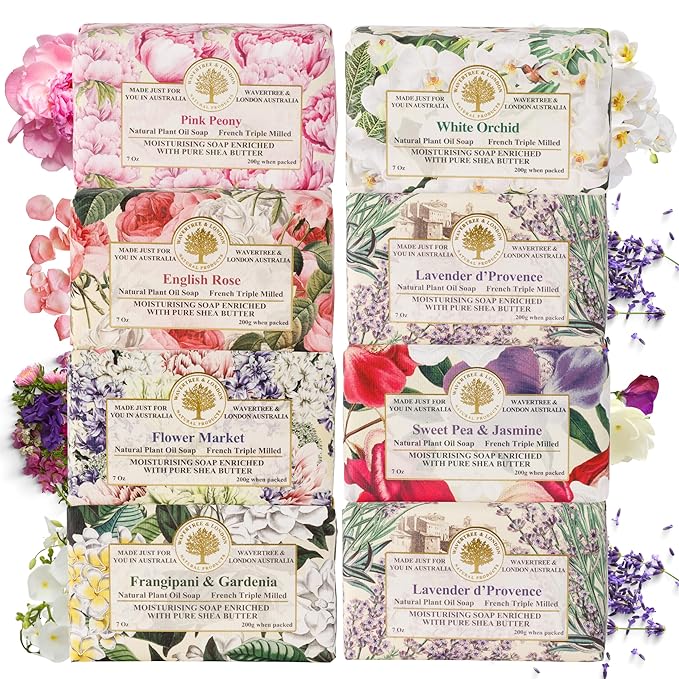 Wavertree & London Assorted Floral Scents Natural Soap Bars (Pack of 8), 7oz Moisturizing Triple Milled Soap Bars Enriched with Shea Butter and Pure Plant Oils | All Body & Bath Soap