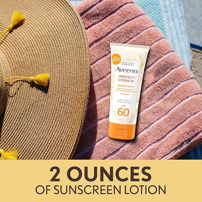 Aveeno Protect + Hydrate Face Sunscreen, SPF 60 Broad Spectrum, for Sensitive Skin, Travel Size, Water Resistant (80 minutes), Paraben, Oxybenzone & Oil Free, 2 fl oz