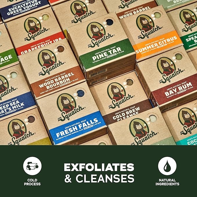 Dr. Squatch Natural Men’s Bar Soap - Cold Process Body Soap Bar with Natural Oils - Gifts for Men - Coastal Mist, Fresh Falls, Sierra Storm, Rainforest Rapids, Coconut Castaway (5 Pack)