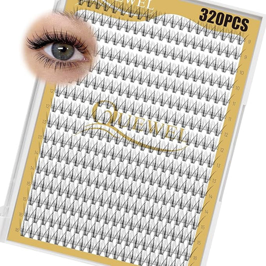 QUEWEL Lash Clusters 320Pcs Cluster Lashes 20D D Curl Lash Cluster Eyelash Extensions Mix9-16mm Individual Eyelashes Clusters Wispy Lash Clusters Thin Band Soft to Use at Home(20D D Mix9-16)