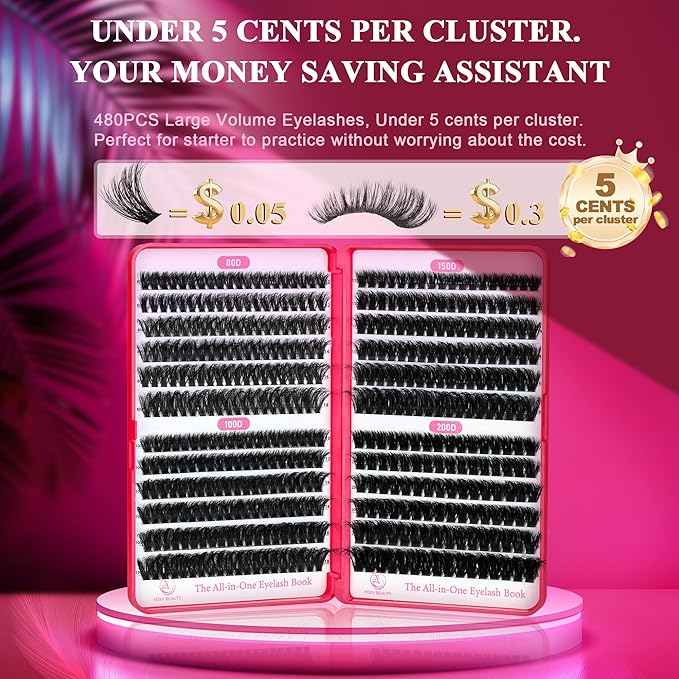 Bombshell X Volunm Lash Clusters Kit Thick Mink 80D-200D Lash Extension Kit 400Pcs 5D Fluffy Eyelash Extension Kit 10-18mm Individual Eyelashes with Lash Bond, Lash Remover, Lash Applicator