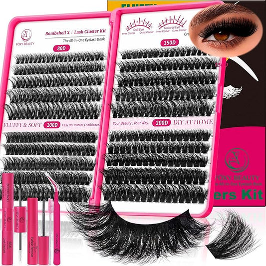 Bombshell X Volunm Lash Clusters Kit Thick Mink 80D-200D Lash Extension Kit 400Pcs 5D Fluffy Eyelash Extension Kit 10-18mm Individual Eyelashes with Lash Bond, Lash Remover, Lash Applicator