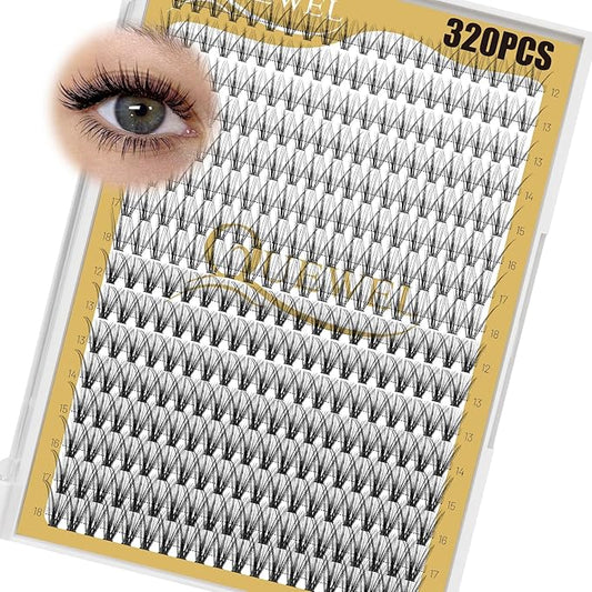 QUEWEL Lash Clusters 320Pcs Cluster Lashes 20D+30D D Curl Lash Cluster Eyelash Extensions Mix12-18mm Individual Eyelashes Clusters Wispy Lash Clusters Thin Band Soft to Use at Home(20D+30D D Mix12-18)