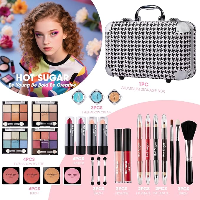 Hot Sugar All In One Makeup Set for Adults and Girls-Full Makeup Kit for Beginners Includes Eye Shadow Palette Blush Lip Gloss Lipstick Lip Pencil Eye Pencil Brush Mirror (Black Houndstooth)