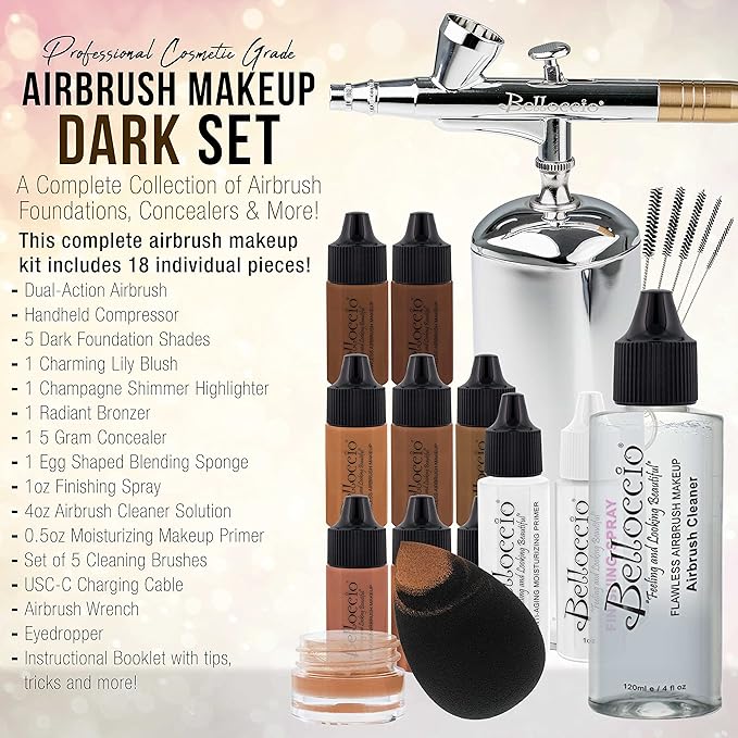 Belloccio Complete Cordless Handheld Airbrush Cosmetic Makeup System with 5 Dark Foundation Shades, Professional 18-Piece Kit, Moisturizing Primer, Blush, Bronzer, Highlighter, Concealer, User Guide