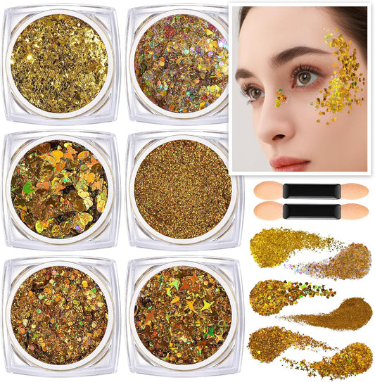 Teenitor Face Glitter Body Glitter, Gold Body Glitter Gel, Hair Glitter Gel, 6 Shapes Rave Glitter, Festival Makeup Glitters Gel, Chunky Sparkling Glitter Gel for Face, Body, Hair