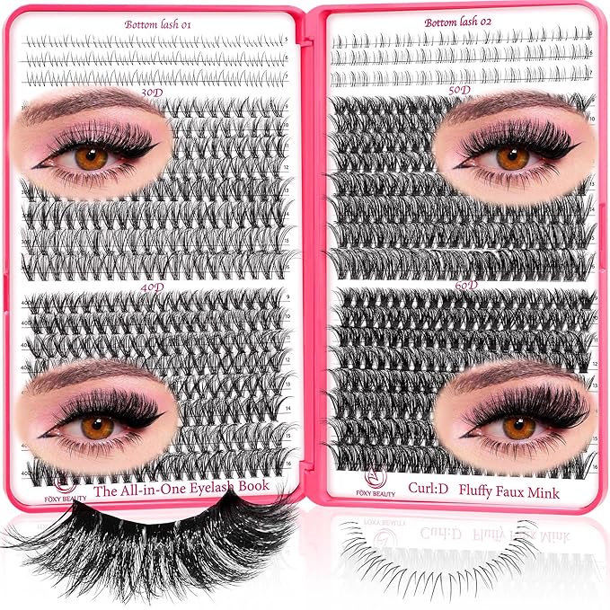 Lash Clusters 9-16mm with 5-7mm Bottom Lashes D Curl 30D 40D 50D 60D Fluffy Wispy EyeLash Clusters - DIY Eyelash Extension Individual lash lift kit No Adhesives Included