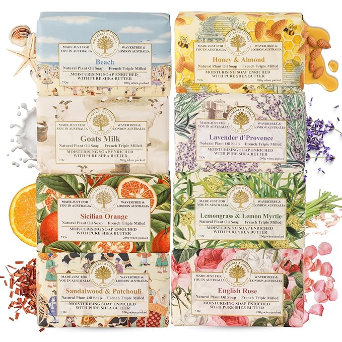 Wavertree & London Assorted Favorites 8 Bars Scented Natural Soap Bars, 7oz Each Moisturizing French Triple Milled Soap Bars Enriched with Shea Butter and Pure Plant Oils | All Body & Bath Soap