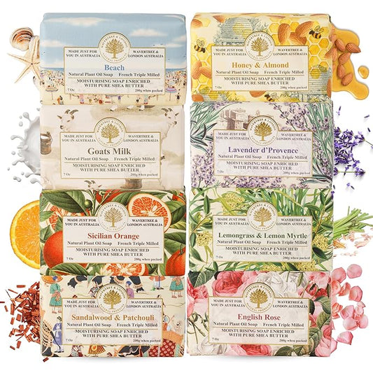 Wavertree & London Assorted Favorites 8 Bars Scented Natural Soap Bars, 7oz Each Moisturizing French Triple Milled Soap Bars Enriched with Shea Butter and Pure Plant Oils | All Body & Bath Soap