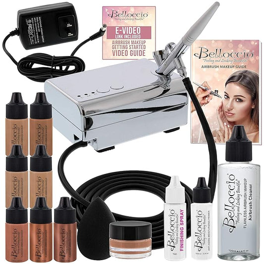 Belloccio Professional Beauty Airbrush Cosmetic Makeup System with 4 Tan Shades of Foundation in 1/4 Ounce Bottles - Kit Includes Blush, Bronzer and Highlighter and 3 Bonus Items and a Video Link