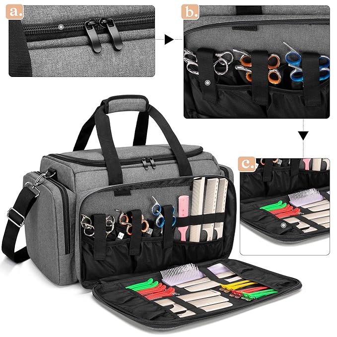 BAFASO Large Capacity Hairdresser Bag with Adjustable Dividers, Travel Barber Case Holds Various Hair Cutting Tools (NO ACCESSORIES), Gray