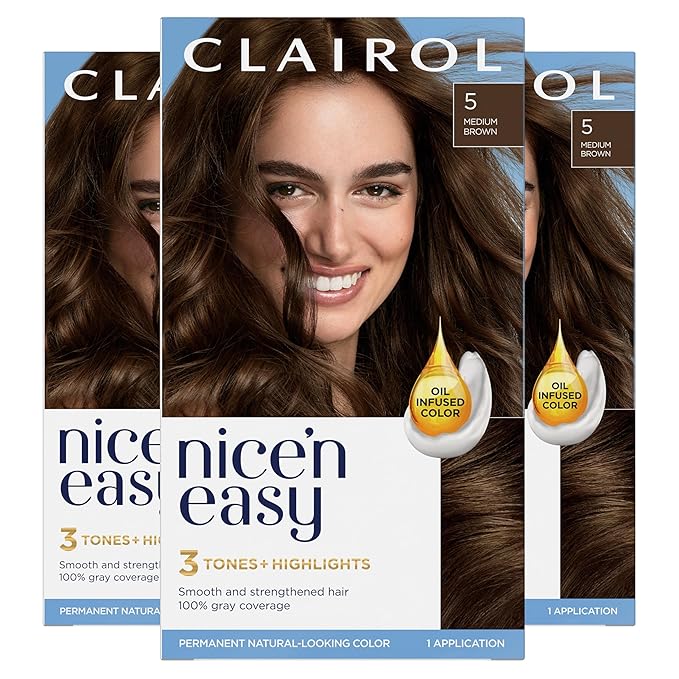 Clairol Nice'n Easy Permanent Hair Dye, 5 Medium Brown Hair Color, Pack of 3