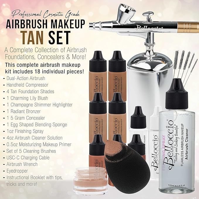 Belloccio Complete Cordless Handheld Airbrush Cosmetic Makeup System with 4 Tan Foundation Shades, Professional 18-Piece Kit, Moisturizing Primer, Blush, Bronzer, Highlighter, Concealer, User Guide
