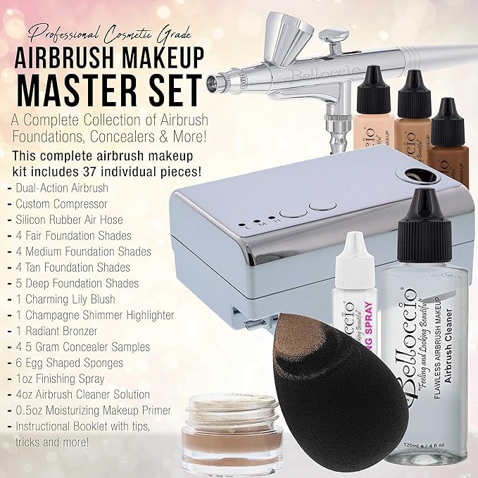 Complete Professional Belloccio Airbrush Cosmetic Makeup System with a MASTER SET of All 17 Foundation Color Shades in 1/4 oz Bottles - Blush, Bronzer, Highlighters